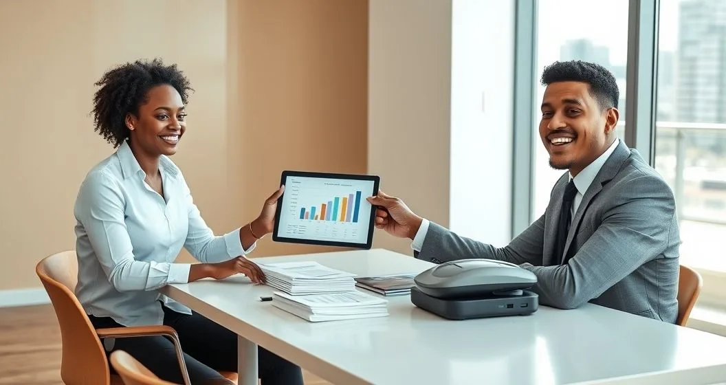 A financial advisor and a small business owner review funding options at a clean conference table with a tablet chart invoices and a point of sale device.