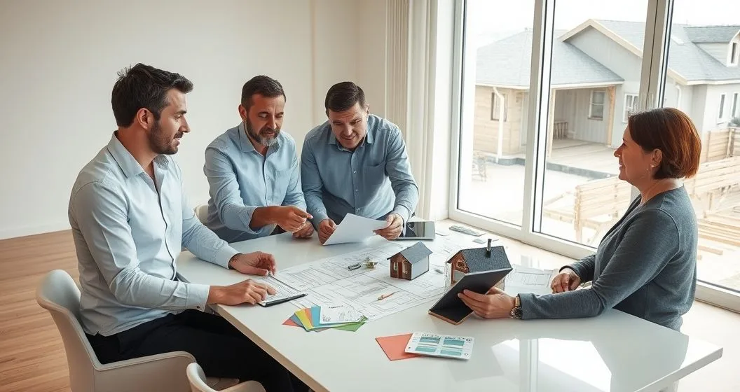 Homeowner, financial advisor, and contractor reviewing renovation blueprints and a tablet timeline in a modern meeting room