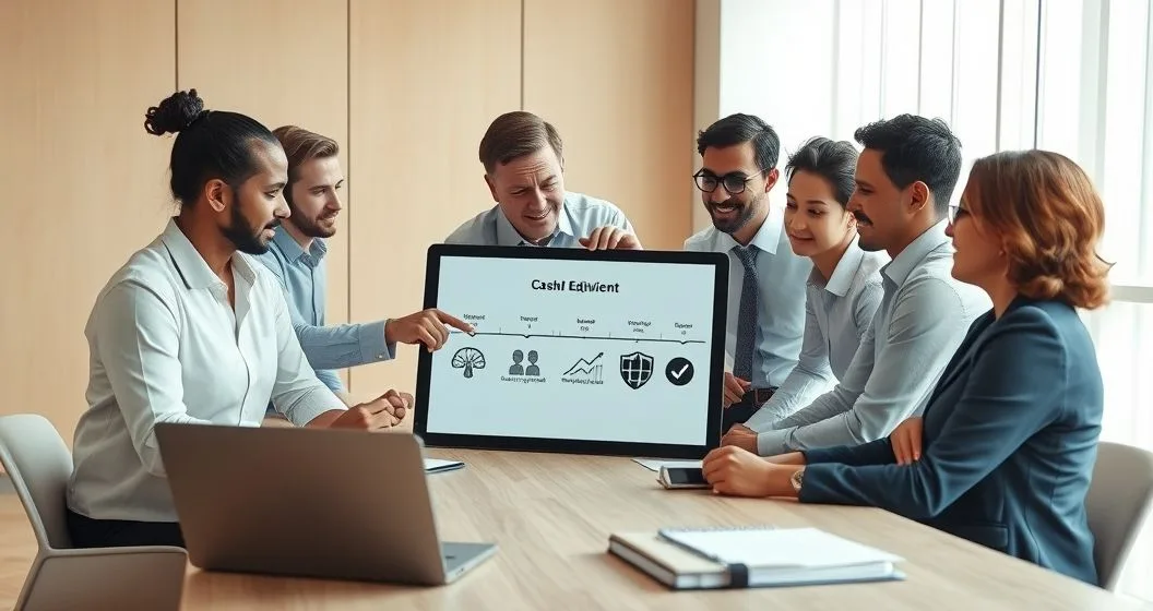 Advisor and clients around a tablet showing icons for cash, short term bond, and low volatility stock on a timeline representing a short term opportunity fund