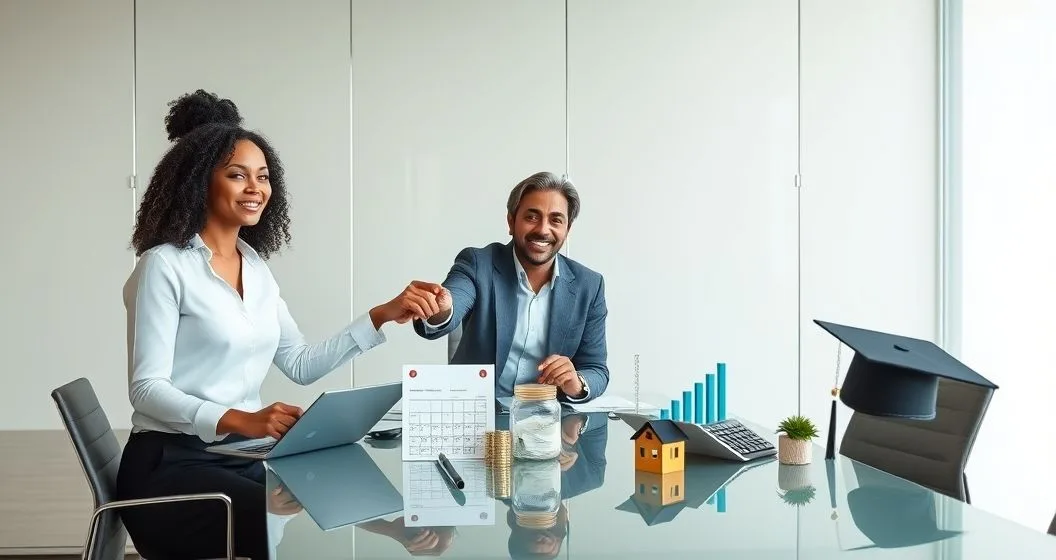 Two financial advisors and a client at a minimalist conference table discussing a split layout of short term items like a calculator and savings jar and long term items like a house model and tablet with rising chart