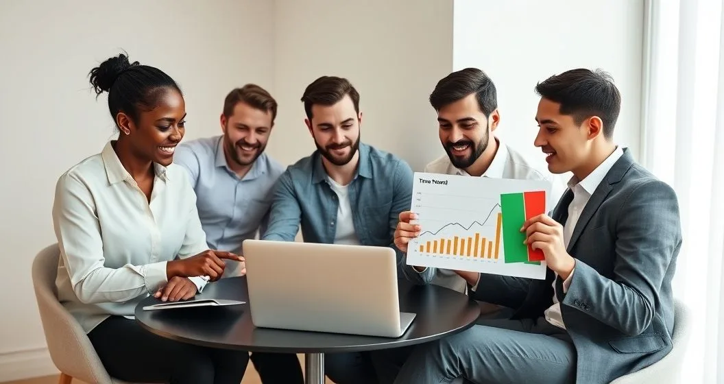 Diverse professionals reviewing charts and holding green amber red decision cards in a modern office representing scale pause or stop decisions for a side business
