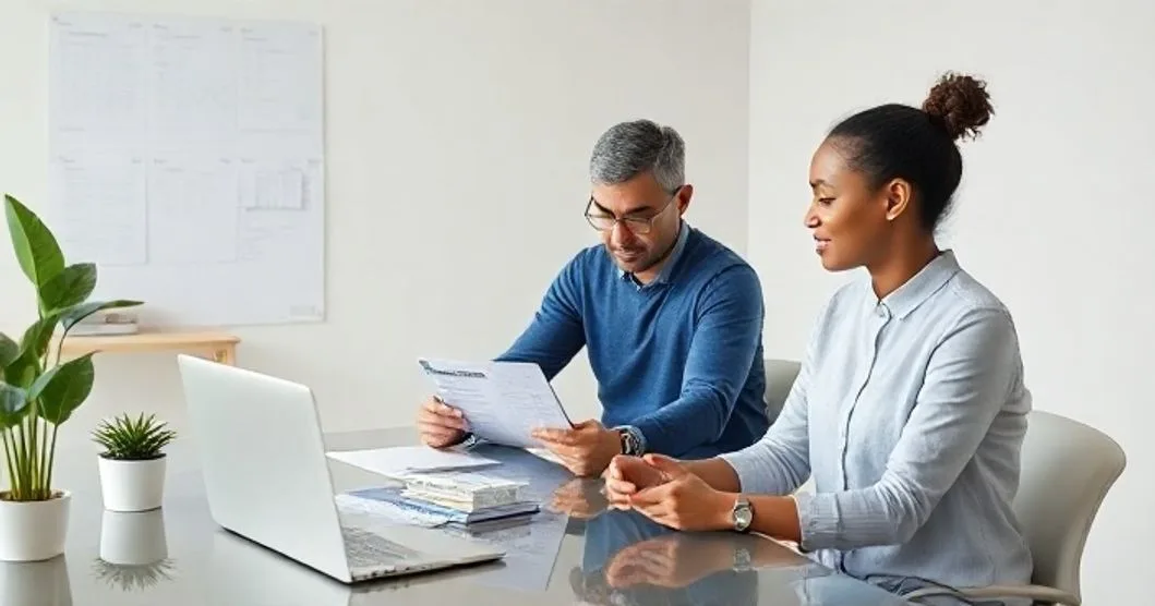 Two professionals in a clean home office reviewing finances on a laptop and a calendar on a tablet with a small product prototype on the desk.