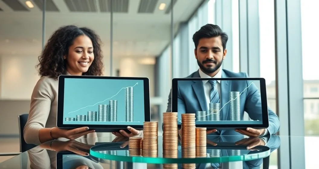 Two professionals compare tablets and coin stacks showing linear growth for simple interest and accelerating stacked growth for compound interest in a bright conference room