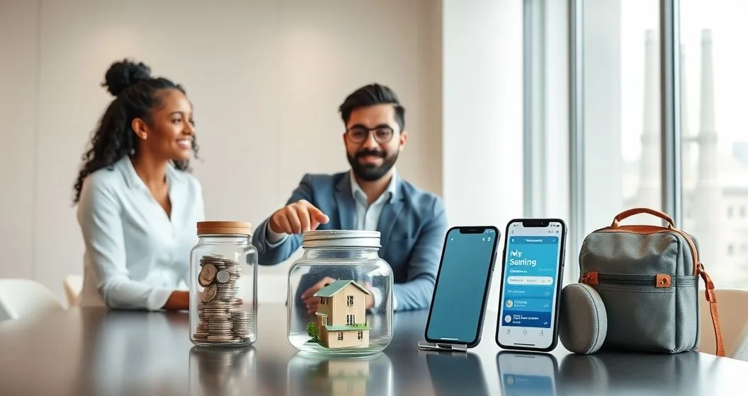 Advisor points to a clear jar with coins and a miniature house and calendar and to a smartphone with a bank interface and a small emergency kit representing sinking fund versus savings account
