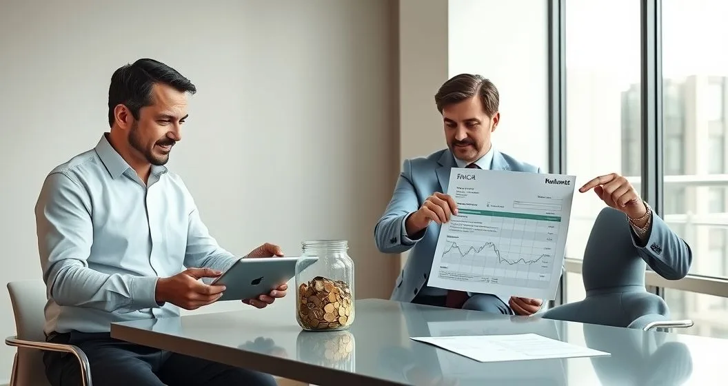 Split corporate office scene with an advisor and client building a reserve jar and tablet chart on the left and an advisor and client facing a large loan statement on the right, contrasting calm and tense moods.