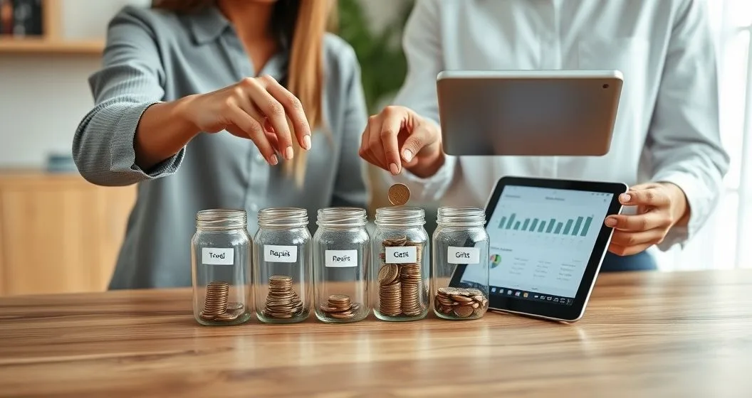 Two people placing coins into clear jars with goal icons while reviewing a budget on a tablet in a modern home office
