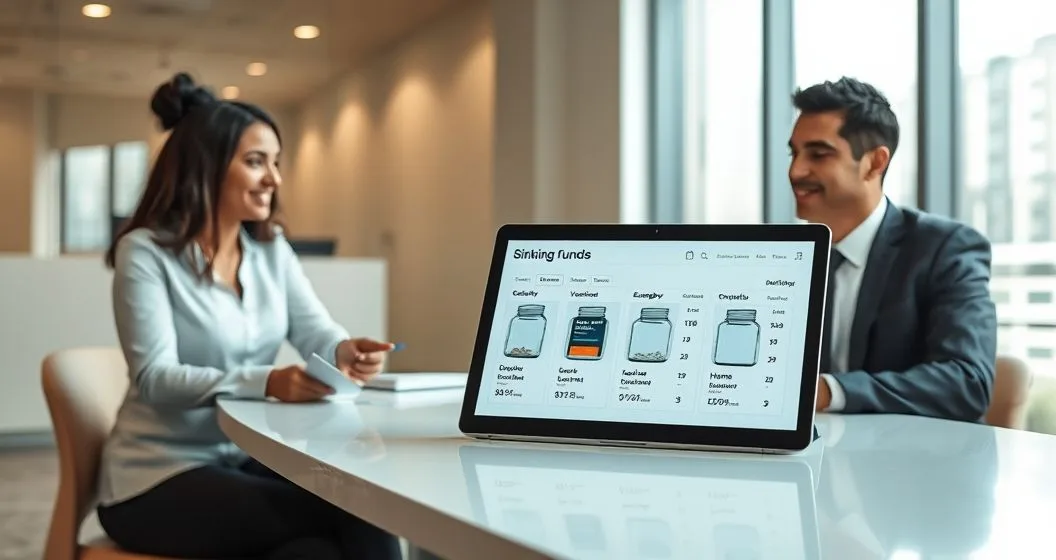 Financial advisor points to a sinking funds dashboard on a tablet showing separate savings buckets for Car Vacation Emergency Taxes while a couple listens