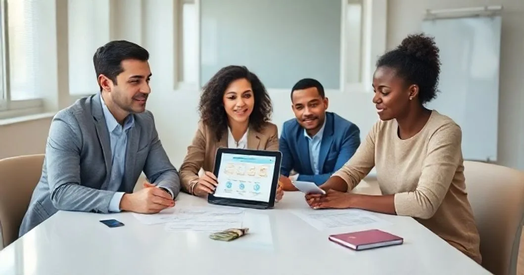 Three professionals and a young employee seated around a modern table reviewing a tablet that shows simple approval icons and a repayment timeline with documents and a small cash stack visible