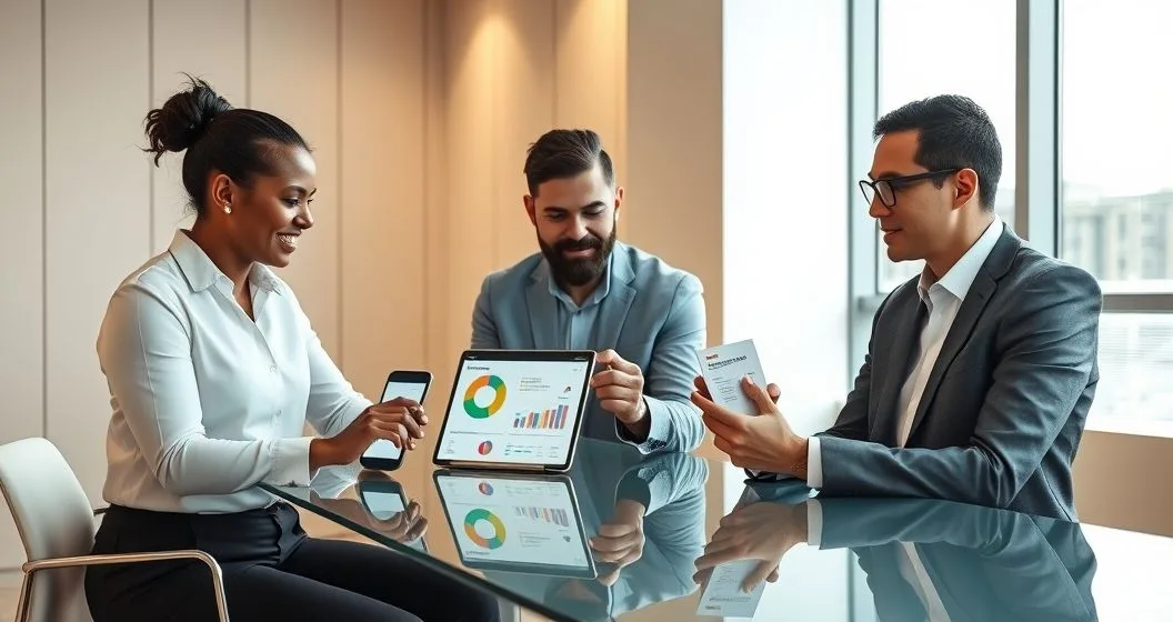 Three professionals around a glass table using a smartphone and tablet showing a color coded budget pie chart automation icon and preset approval flow representing automated savings and spending ratios