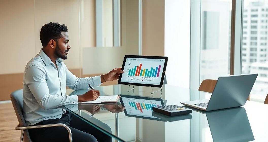 Financial advisor points to a color coded allocation chart on a tablet while a client takes notes in a modern office