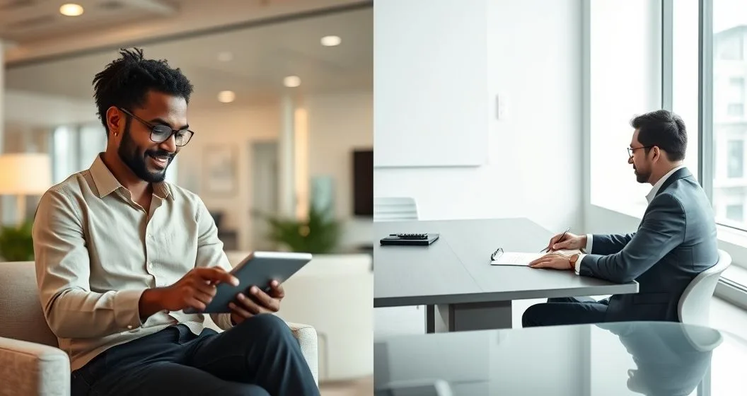 Left side: borrower relaxed with tablet reviewing loan options. Right side: borrower and loan officer at conference table signing application documents.