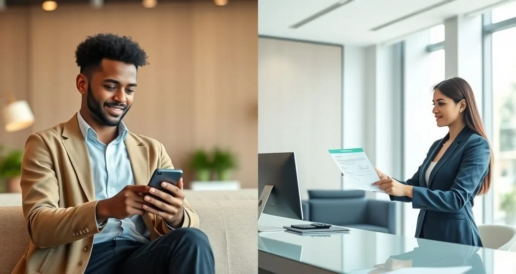 Split image of a person checking credit on a smartphone and the same person submitting a loan application at a bank desk.