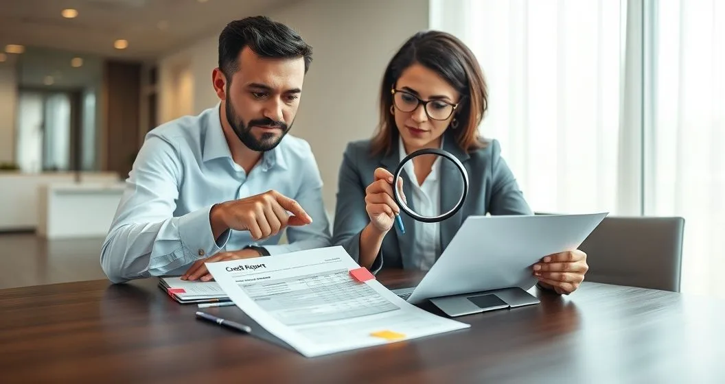 Two professionals at a modern office table examining a printed credit report, one pointing and the other using a magnifying glass, colored flag tabs marking suspicious entries, documents blurred to prevent readable text