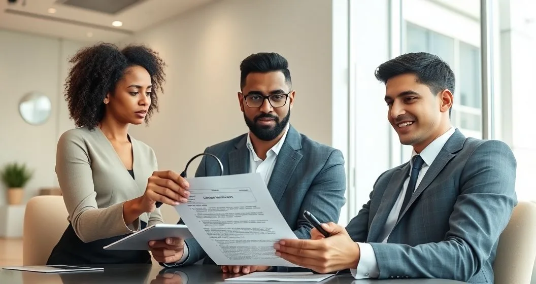 Financial advisor points to loan contract with magnifying glass highlighting hidden fees while borrower takes notes in modern office.