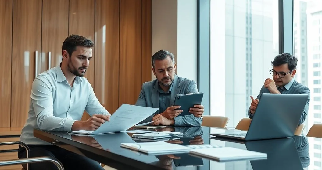 Advisor and client reviewing suspected scam evidence on a tablet in a modern office while a colleague reports the case on a laptop