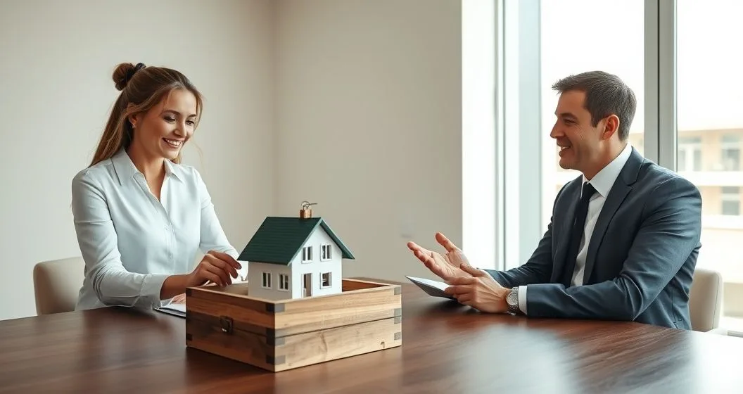 Financial advisor guiding a married couple as the grantor places a house model and keys into a locked box to symbolize assets moved into a trust