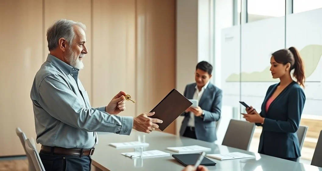 Founder handing a brass key and leather folder to a young successor in a modern boardroom while advisors review documents and a tablet shows a phased timeline.