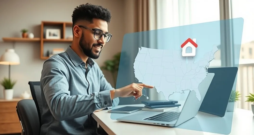 Remote worker at home desk on a video call with a tax advisor with a translucent US map highlighting a state and icons for a calendar house and office indicating residency days and employer location