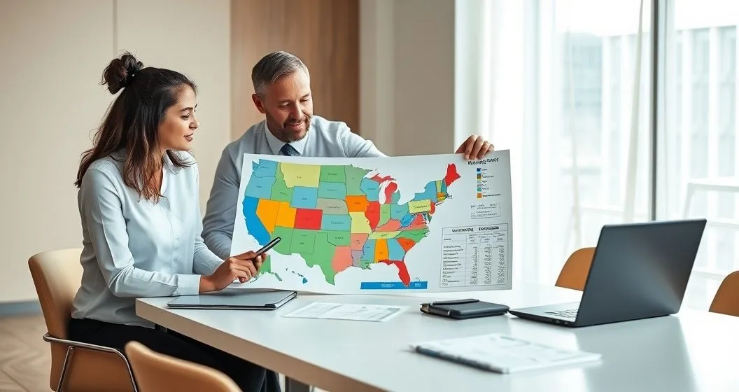 Financial advisor and a diverse couple reviewing a color coded US map and comparative tax charts on a tablet and paper in a modern office conference setting.