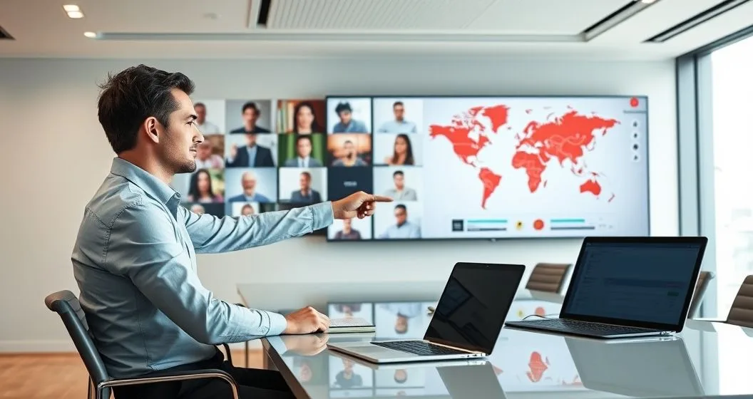 Payroll manager points to a wall map with state pins while remote employees appear on video tiles in a modern office