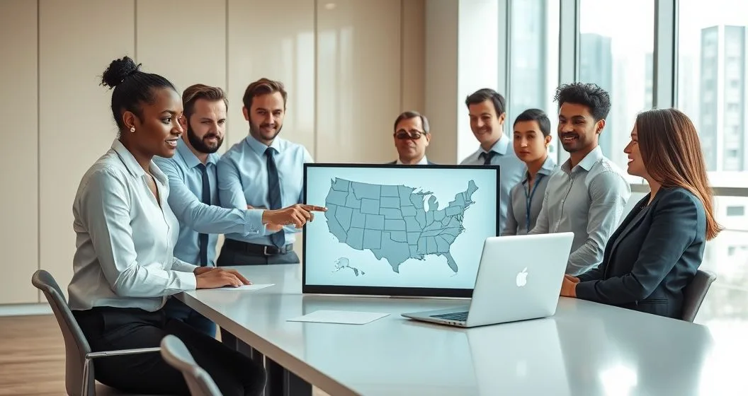 Diverse professionals in a modern office reviewing a laptop map that highlights state payday loan protections