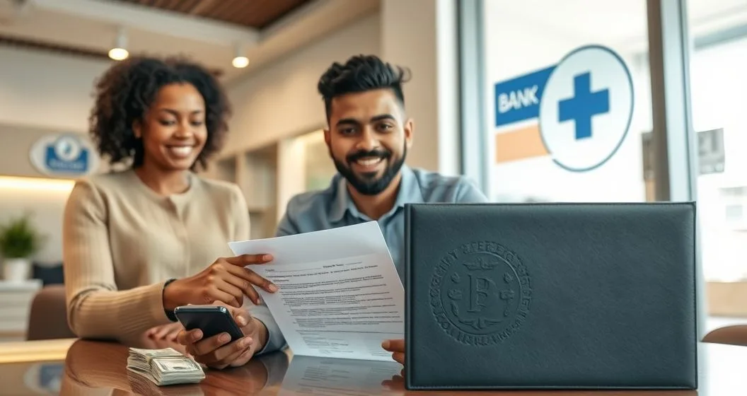 Loan officer explaining capped loan terms to a diverse borrower at a modern bank desk with cash and smartphone app visible and a compliance sealed folder