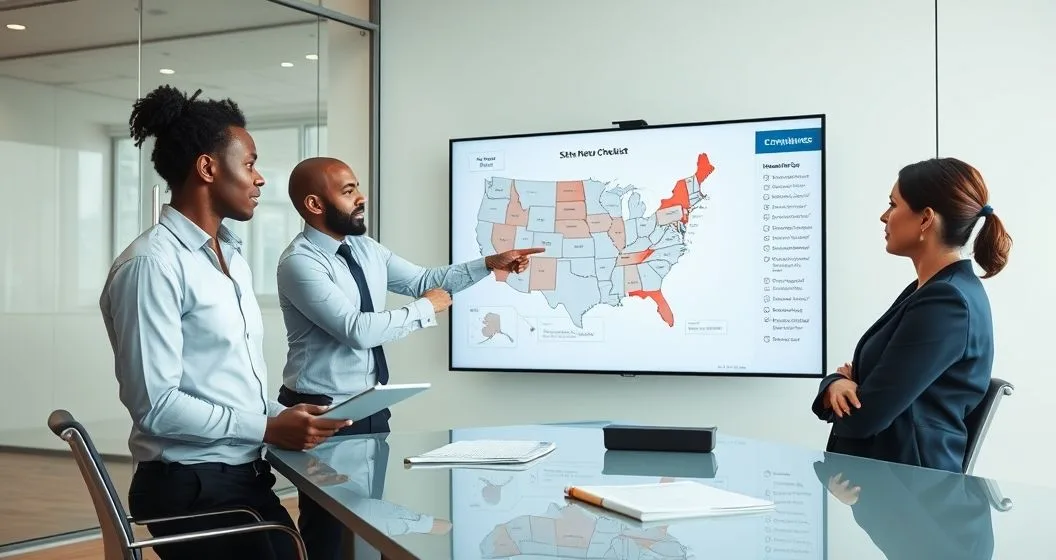 HR manager and compliance specialists reviewing a State Nexus Checklist displayed on a monitor with a US map highlighting states