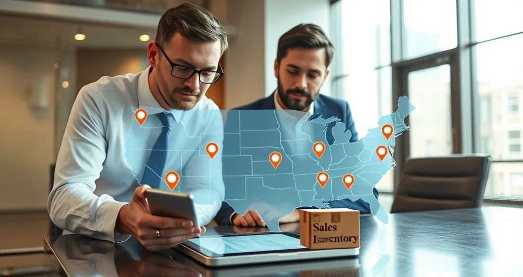 Tax advisor and online business owner review a US map with state pins on a tablet to assess nexus obligations