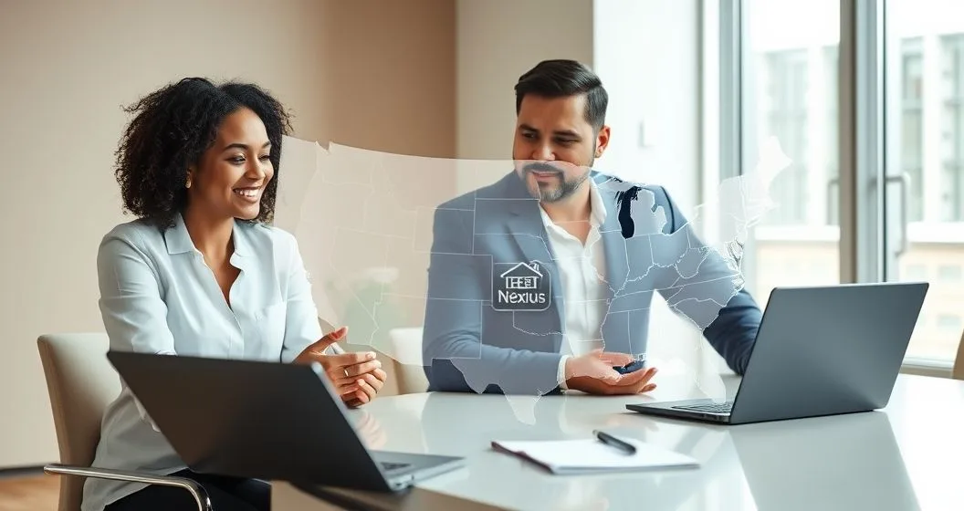 Two professionals at a conference table looking at a tablet showing a digital store and a translucent US map with highlighted states representing tax nexus.