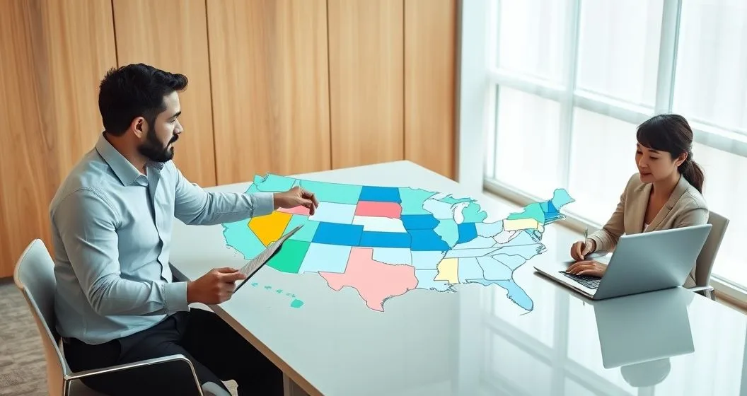Advisor pointing to highlighted states on a digital US map at a conference table while a borrower listens and a colleague types on a laptop