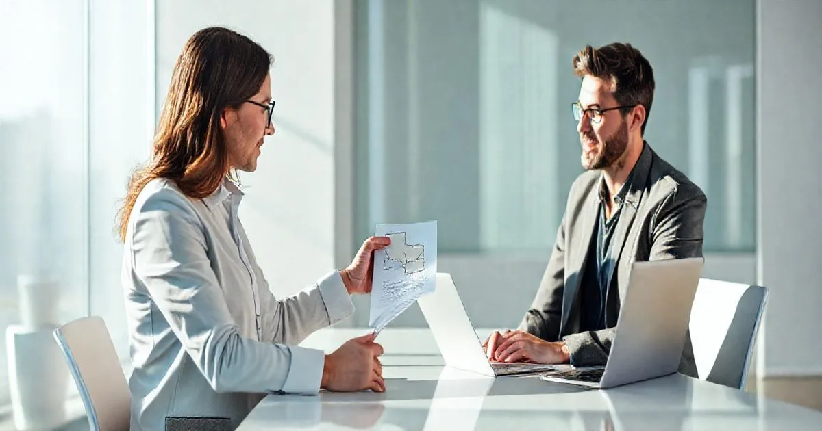 Payroll specialist and employee at HR desk reviewing a reciprocity exemption form with a laptop showing two connected state outlines.