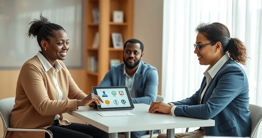 Financial counselor and two clients reviewing a tablet with icons representing loan limits fees repayment schedules licensing and legal enforcement in a bright office.