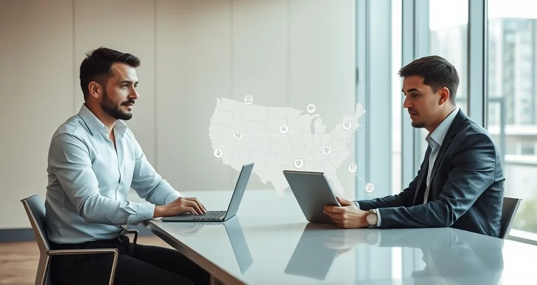 Tax advisor and remote service provider reviewing a digital dashboard with a translucent US map showing highlighted states and connecting contractor icons at a minimalist conference table