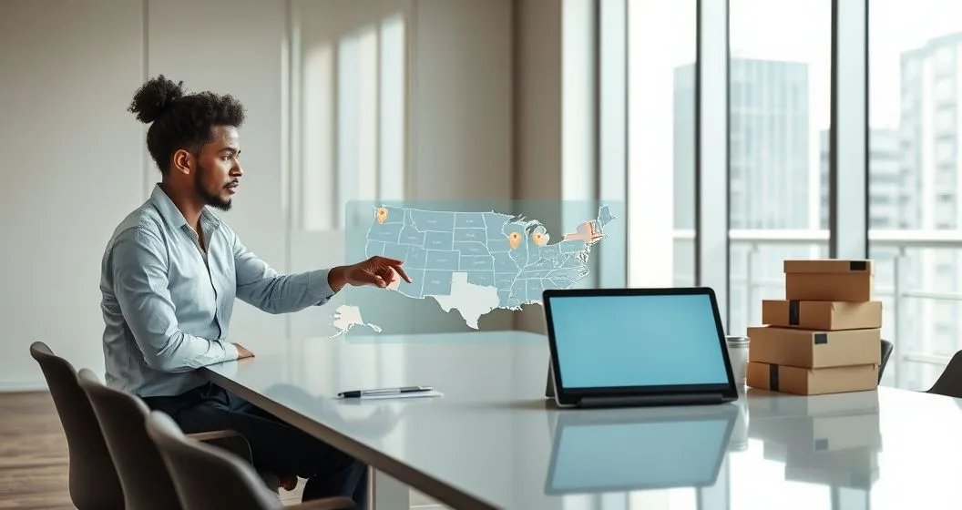 Two professionals at a conference table reviewing a tablet with a US map showing highlighted states and pins with inventory boxes and an employee badge nearby