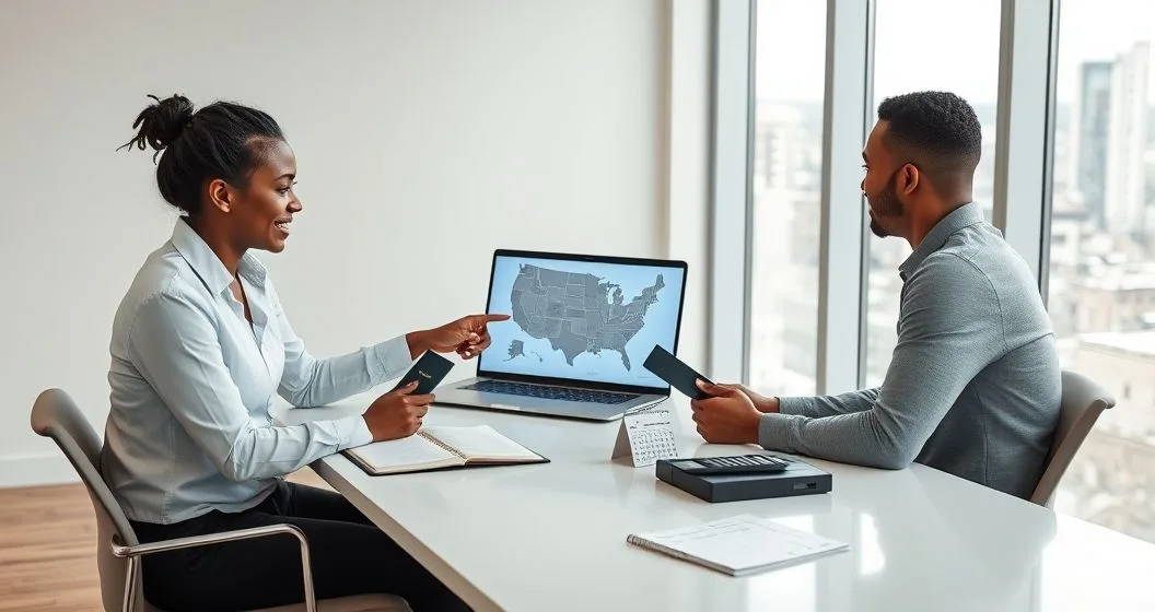 Tax advisor and remote seasonal worker reviewing residency and withholding documents at a modern table with a laptop displaying a blurred US state map and travel items