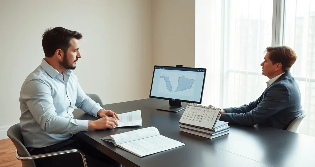 Financial advisor points to laptop showing two state outlines while client reviews calendar and residence documents in a modern office