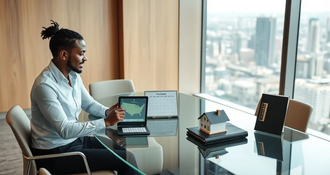 Financial advisor and high net worth client review a tablet showing a US map with a house model and trust folder on a glass conference table in a modern office