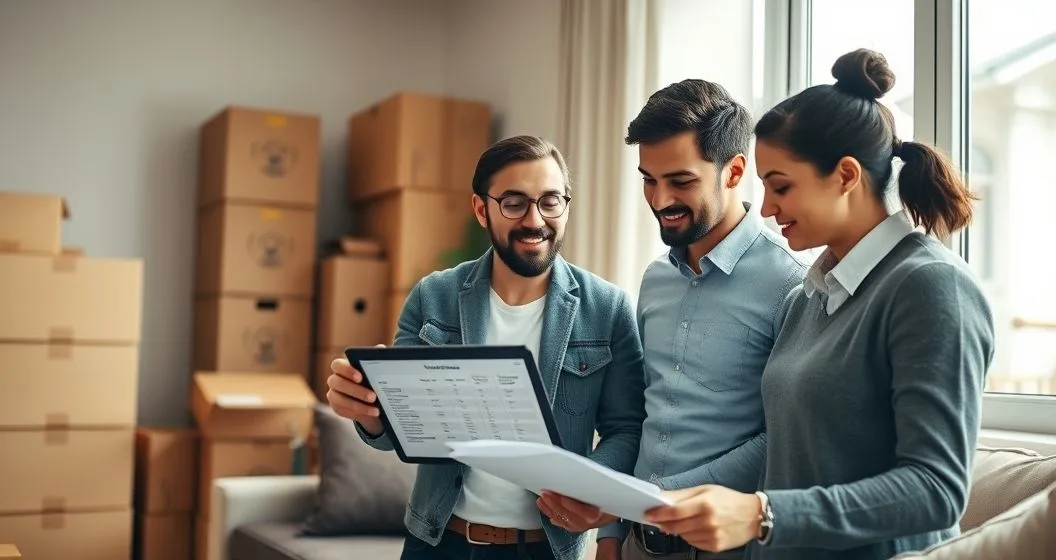 Tax advisor showing a tablet with a two column state residency comparison to a couple packing boxes with a moving truck outside.