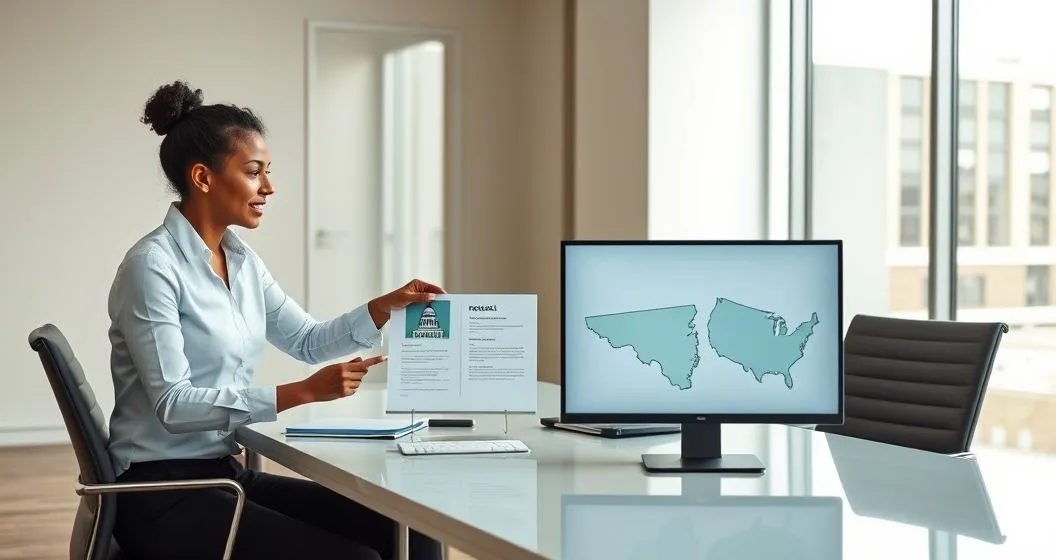 Financial advisor explains differences between state and federal tax deductions to a diverse couple using two folders and a dual monitor with federal and state icons