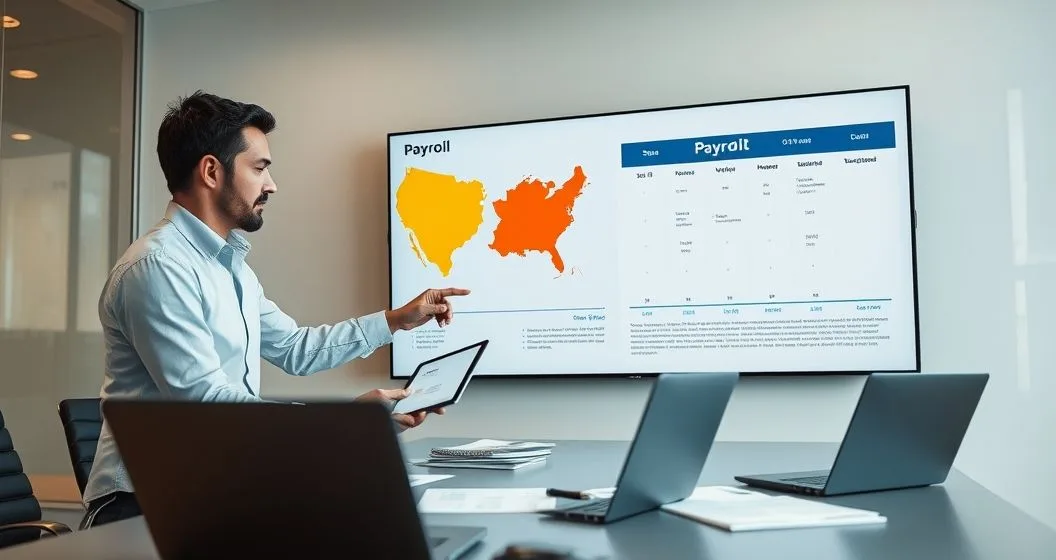 Two professionals in a conference room pointing at an interactive screen showing two US states and a split work calendar while reviewing payroll withholding decisions.