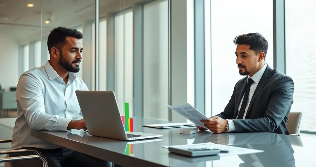 Tax advisor pointing at a laptop screen showing two color coded stacked bar charts connected by a highlighted link while a client reviews a printed tax summary at a modern conference table