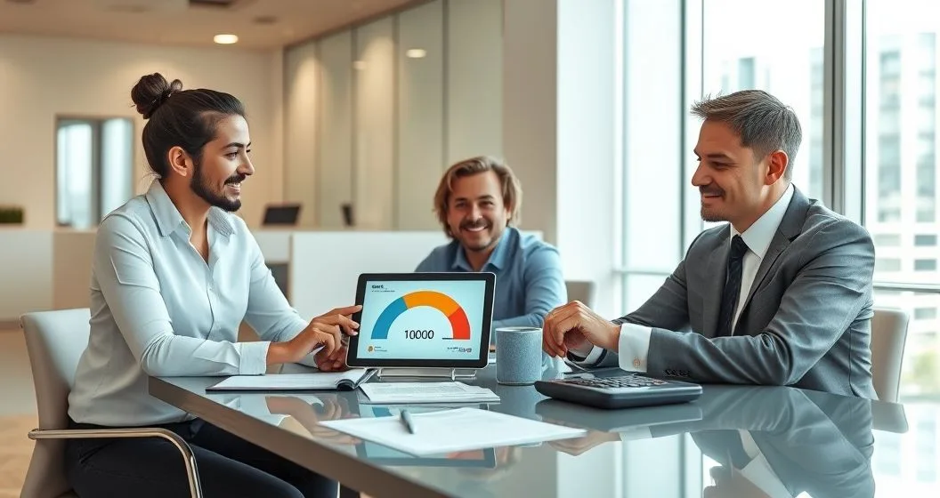 Financial advisor showing a tablet with a limit gauge marked 10000 to a married couple over tax documents at a modern conference table.