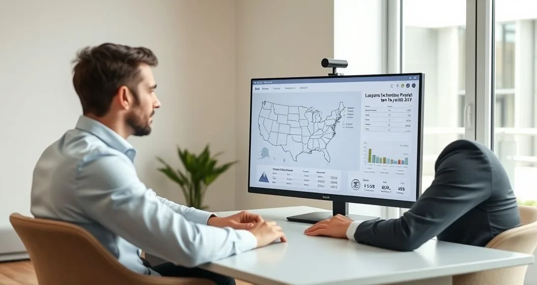 Remote worker and tax advisor on a video call reviewing a laptop with a map highlighting two states and payroll allocation charts to manage withholding and residency