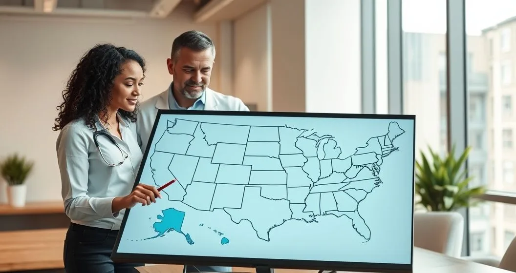 Financial counselor and diverse clients examining an interactive US map with icons for credit unions banks employer advances and community support in a modern office