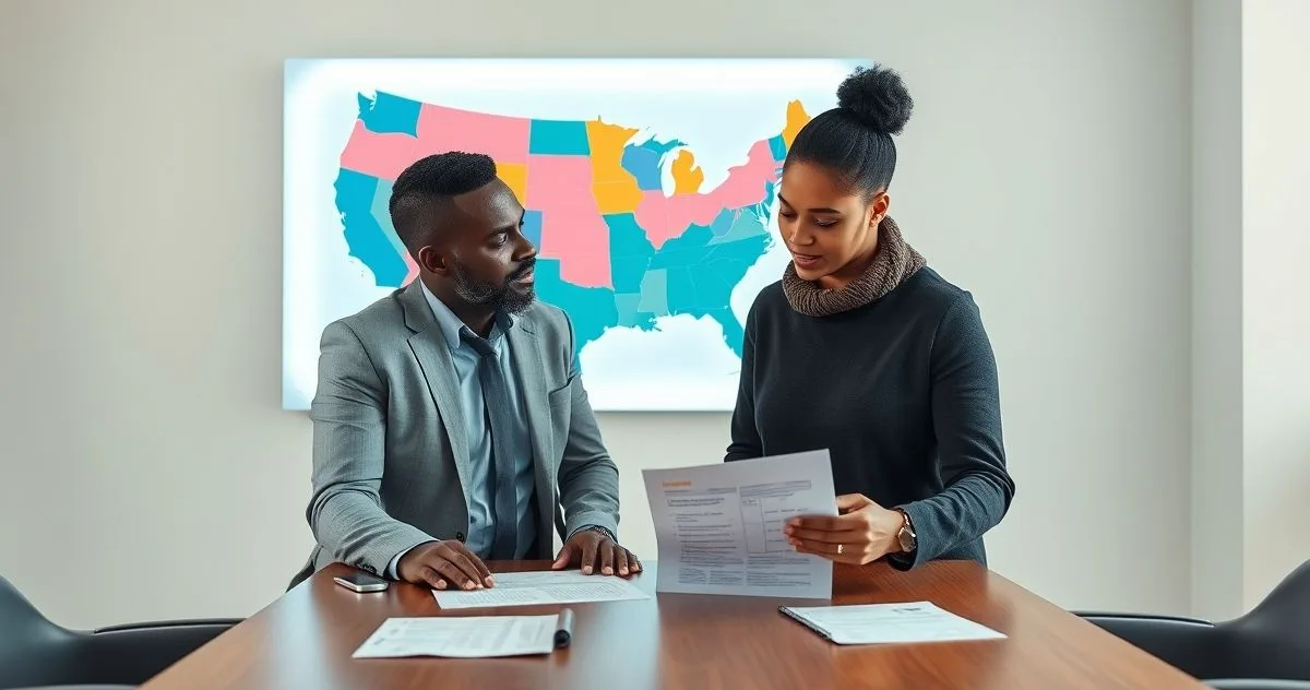 Advisor and borrower at a conference table with a backlit US map highlighting states and documents about loan fees and protections