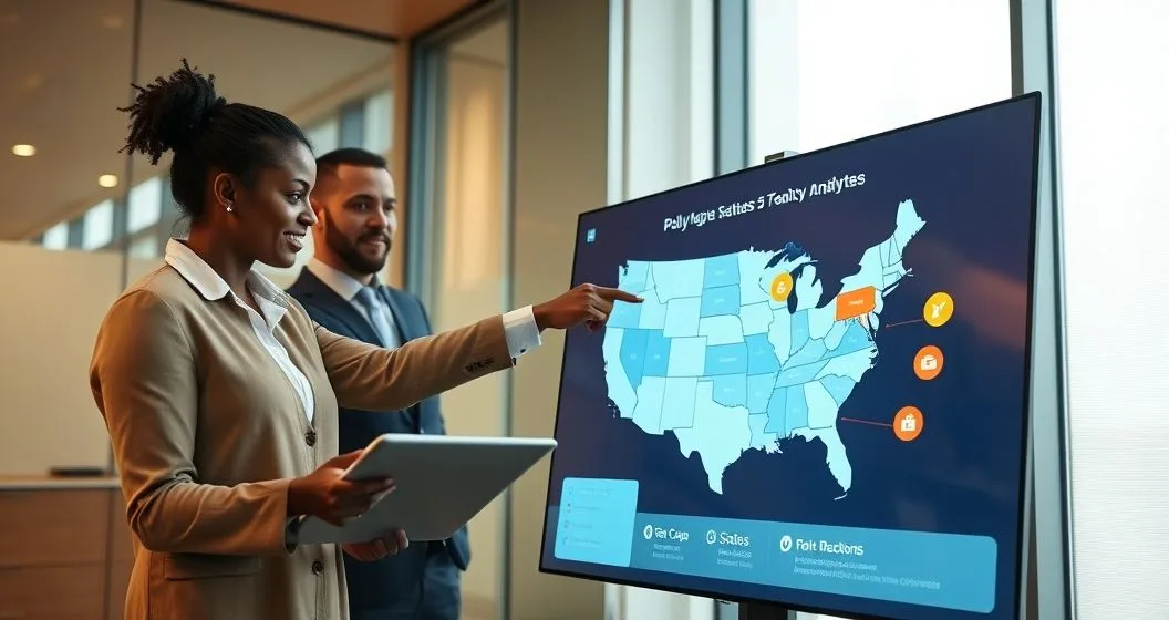 Policy analyst points to an illuminated US map on a touchscreen while two diverse professionals review a tablet showing highlighted states representing payday loan limits and consumer protections in a modern conference room.
