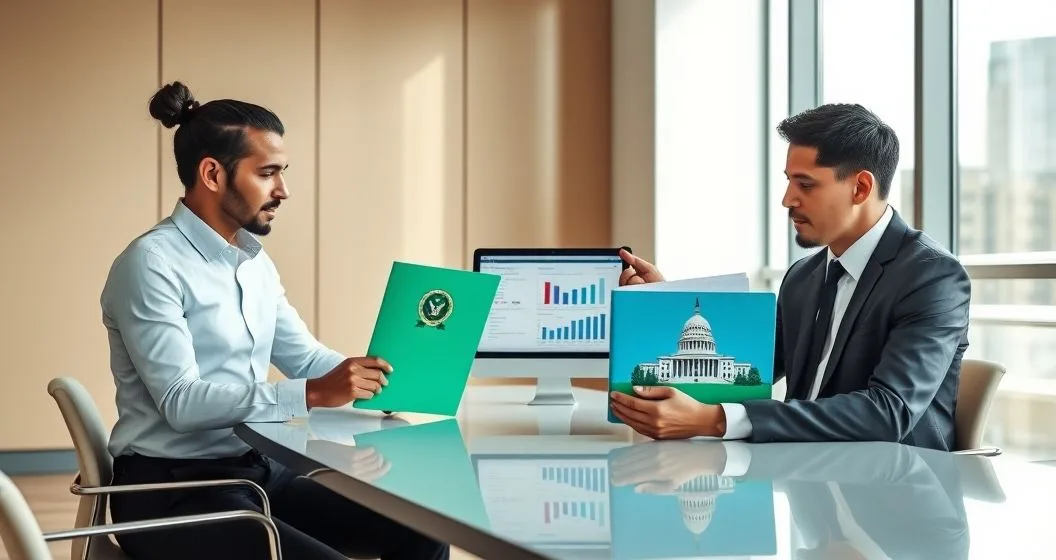 Two tax professionals compare federal and state penalty documents in a modern office with a tablet infographic.