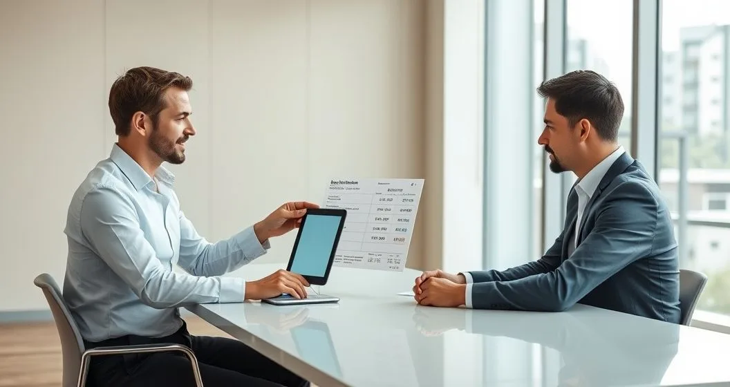 Financial advisor shows a borrower a tablet merging multiple loan statements into a single consolidated loan with icons showing gains and losses.