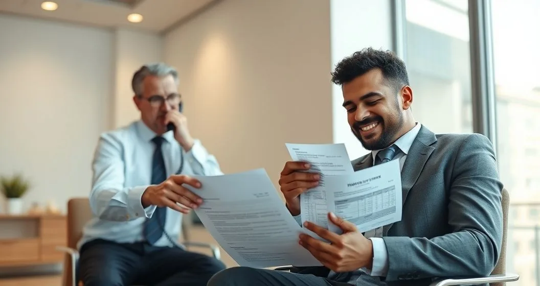 Tax attorney on the phone pointing to documents across a table as a client reviews a paycheck stub and bank statement in a modern office
