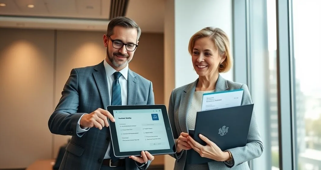 CSR manager and family foundation representative review a donation match on a tablet in a modern conference room